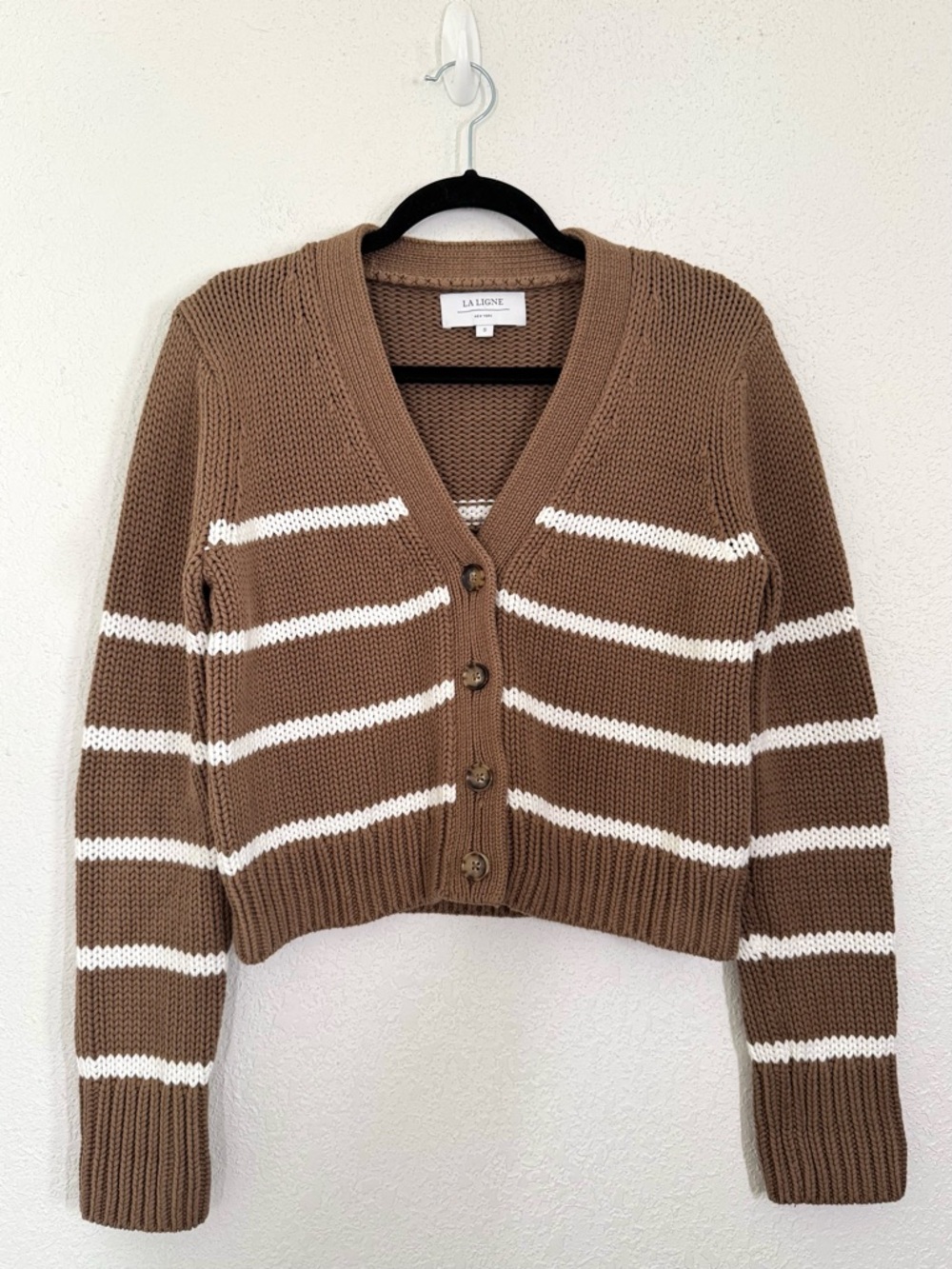LA LIGNE Mini Marina Chunky Knit Cardigan Sweater Tan Cream Stripe Small - Picture 4 of 7